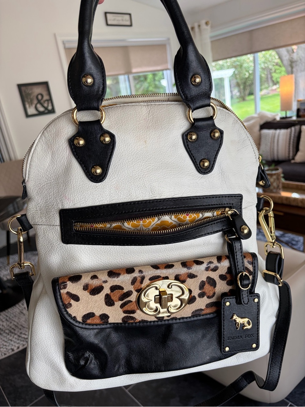 Emma Fox White and Black Leather Backpack with Leopard Accent